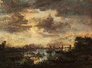 Aert van der Neer River Scene with Fishermen painting